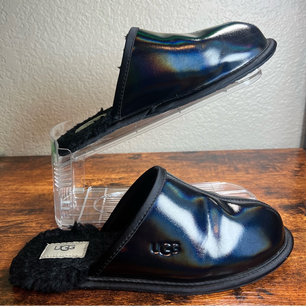 New Ugg Uggs Pearle Iridescent LEATHER Slippers Black Mules Shoes Size 10